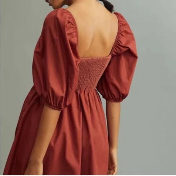 NEW Maeve Puff-Sleeved Sweetheart Mini Dress Burnt Sienna S - Picture 4 of 11